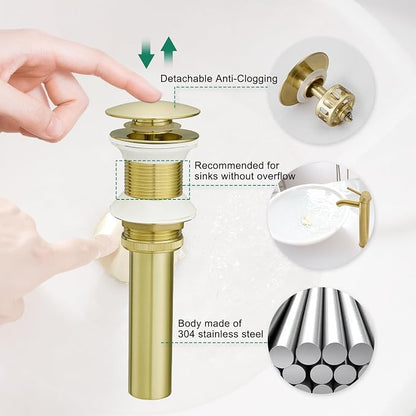 VOTON Bathroom Vessel Sink Pop Up Drain Without Overflow Assembly, Lavatory Vanity Sink Drain Stopper, Anti-Clogging Drain Strainer, Brushed Gold