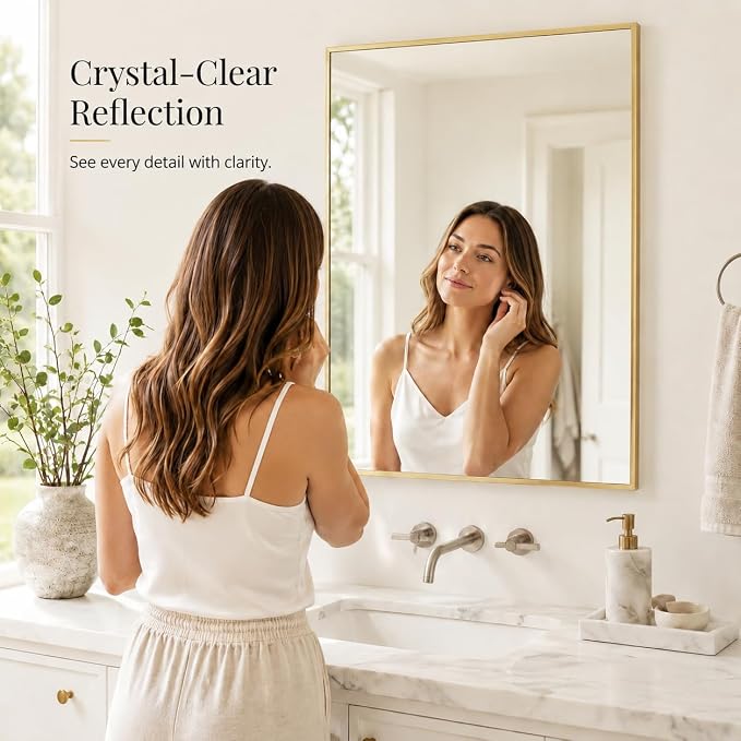24x36 Satin Gold Framed Rectangle Bathroom Vanity Wall Mirror | Over-Sink Vanity Mirror, Slim Metal Frame, Entryway or Dresser Use, Vertical/Horizontal Mount, Tempered Glass