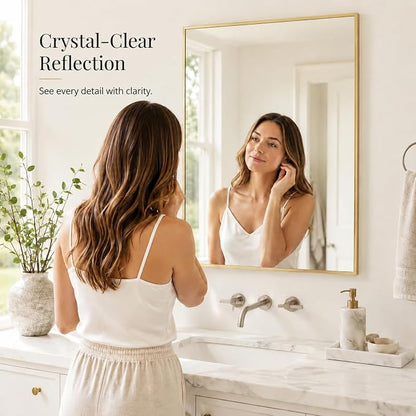 2-Pack 24"x36" Satin Gold Framed Bathroom Vanity Wall Mirrors | Taller Vanity Pair, Balanced Twin-Sink Look, Matching Finish Across Rooms, Vertical/Horizontal Hanging, Tempered Glass
