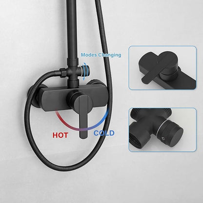 BWE Black Outdoor Shower Faucet Set Two Functions Rainfall Shower Head with Handheld Sprayer Single Handle Wall Mounted Exposed Shower Fixtures for Bathroom or Backyard,Matte Black
