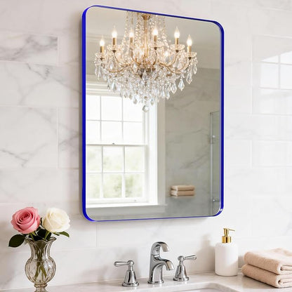 18" x 24" Blue Bathroom Mirror Wall Mounted, Matte Aluminum Alloy Frame with Rounded Corners, Shatterproof Tempered Glass, Anti-Rust HD Vanity Mirror for Bathroom, Bedroom, Entryway