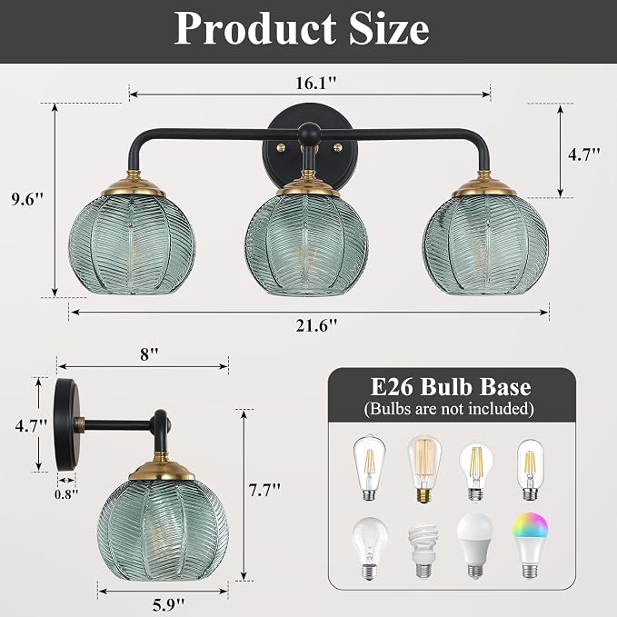 Mecgirn Bathroom Vanity Light Fixtures, 3-Light Green Glass Shade, Modern Black and Gold Wall Sconce, Unique Textured Leaf Pattern, Ceramic E26 Sockets Wall Mounted for Mirror, Cabinet, Hallway