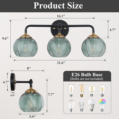 Mecgirn Bathroom Vanity Light Fixtures, 3-Light Green Glass Shade, Modern Black and Gold Wall Sconce, Unique Textured Leaf Pattern, Ceramic E26 Sockets Wall Mounted for Mirror, Cabinet, Hallway