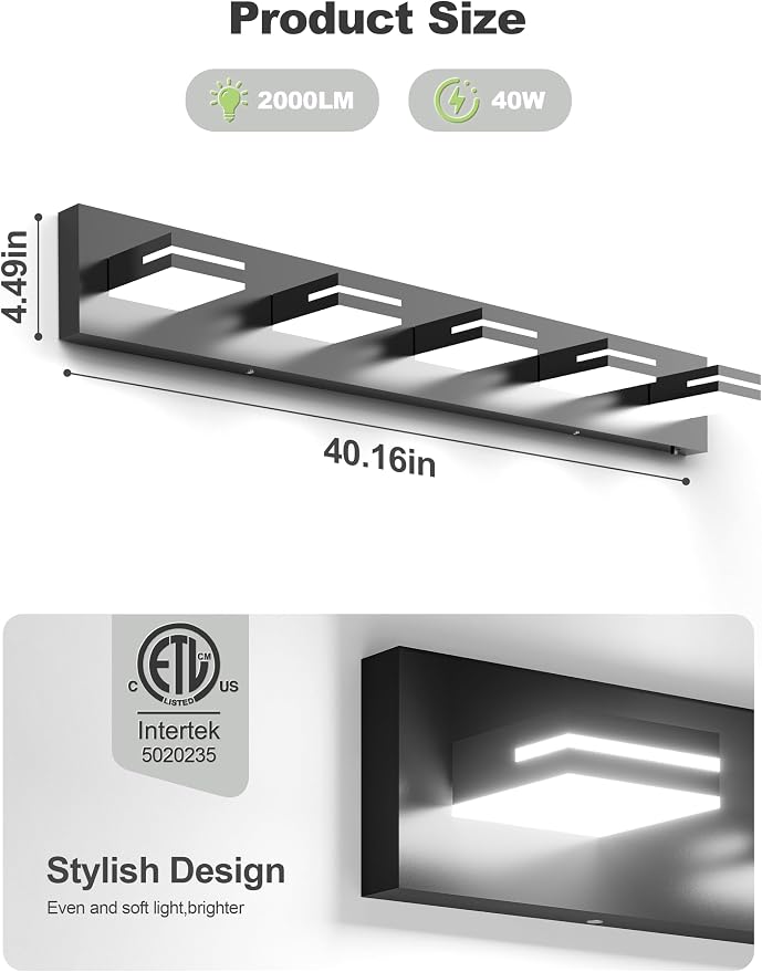 VOLISUN Modern 5-Light, 40-Inch Black Bathroom Vanity Light Fixtures Over Mirror, 5CCT Dimmable, Energy Efficient, ETL Certificated
