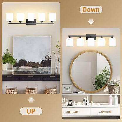 Quntis Black Bathroom Light Fixtures Over Mirror 5 Colors Adjustable, 5-Light LED Bathroom Vanity Lighting with Milky White Frosted Glass Shade, Energy-Saving LED Vanity Light 35.8 inch