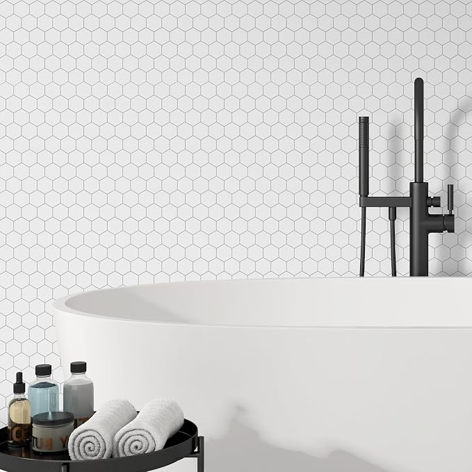 10-Sheet Hexagon Peel and Stick Backsplash, 11.42" x 11.42" White Honeycomb Self-Adhesive Marble Mosaic Wall Tile, Waterproof Stick on Backsplash Tiles for Kitchen Bathroom Shower