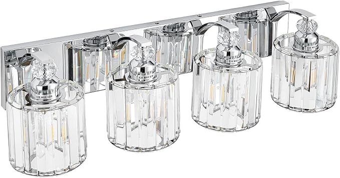 4-Light Modern Bathroom Light Fixture Chrome Vanity Lights Over Mirror Wall Sconce Lighting with K9 Crystal Shades Bathroom Wall Lamp E26 Base for Bedroom, Living Room, Hallway, Cabinet