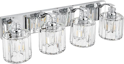 4-Light Modern Bathroom Light Fixture Chrome Vanity Lights Over Mirror Wall Sconce Lighting with K9 Crystal Shades Bathroom Wall Lamp E26 Base for Bedroom, Living Room, Hallway, Cabinet