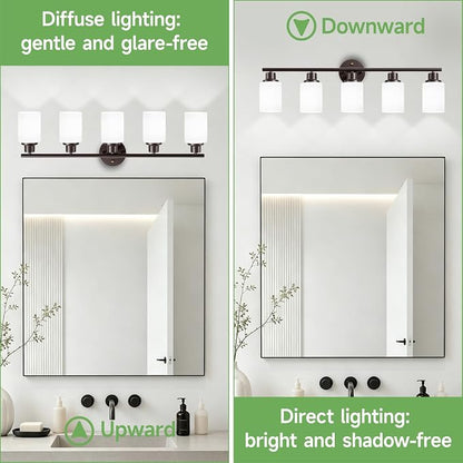 5-Light Bathroom Light Fixtures, Vanity Lights for Mirror with Textured Milky White Glass Shade, Modern Kitchen Light Fixtures Wall Sconce Light - E26 Base - Oil-Rubbed Bronze