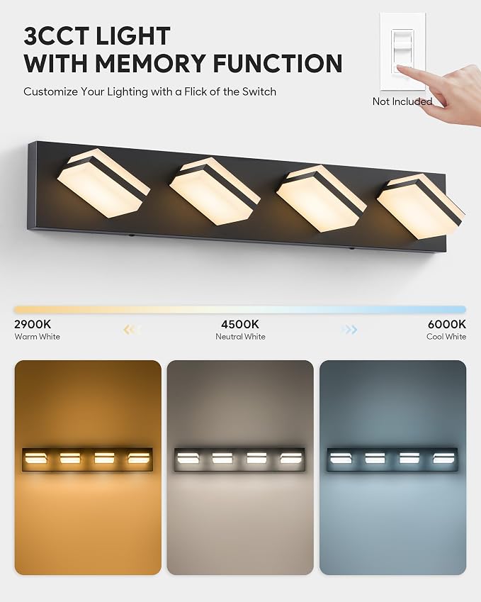 VONLUCE LED Modern Bathroom Vanity Light Fixture, Matte Black | 26'', 4-Light, 3CCT, 360° Rotate, High CRI, Flicker-free, Dimmable, Memory Function, Waterproof IP44, Easy Installation