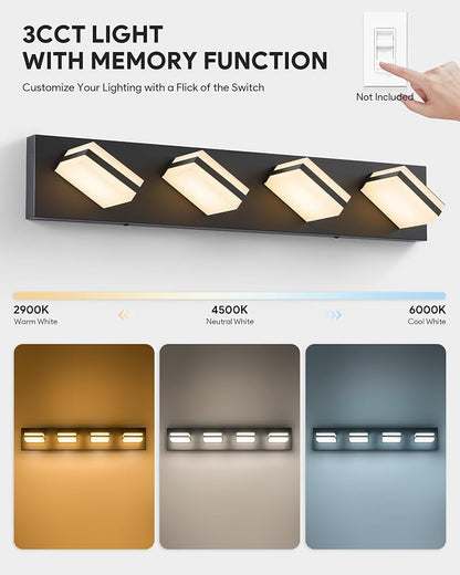 VONLUCE LED Modern Bathroom Vanity Light Fixture, Matte Black | 26'', 4-Light, 3CCT, 360° Rotate, High CRI, Flicker-free, Dimmable, Memory Function, Waterproof IP44, Easy Installation