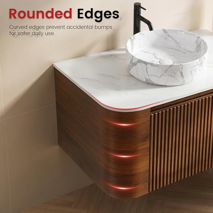 48" Floating Bathroom Vanity with Carrara Finish Sink, Walnut | Pre-Assembled Fluted Wall Mounted Vanity with Ceramic Vessel Sink, Rounded Edges, Soft-Close Drawer & Towel Rack