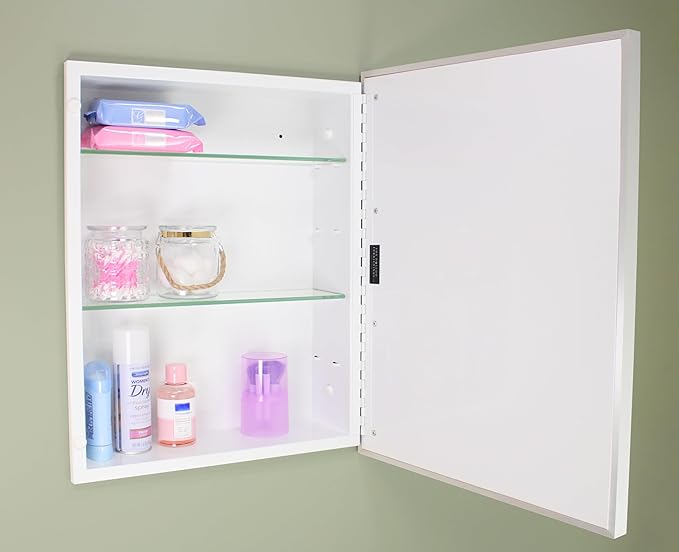 Fox Hollow Furnishings 16x20 Parker Metro Metal Framed Rectangle Recessed Bathroom Medicine Cabinet, Floating Mirror, 14x24 in-Wall Opening, Adjustable Glass Shelves, Magnet Close, Brushed Nickel