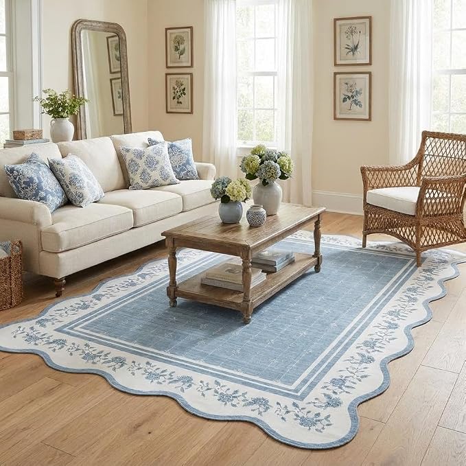 Garvee Washable Rugs for Living Room 8x10 Area Rugs Scalloped Rug Blue | Modern Bordered Non Slip Large Kids Bedroom Carpet Indoor Stain Resistant Floor Cover for Bedroom Dining Room Office Nursery