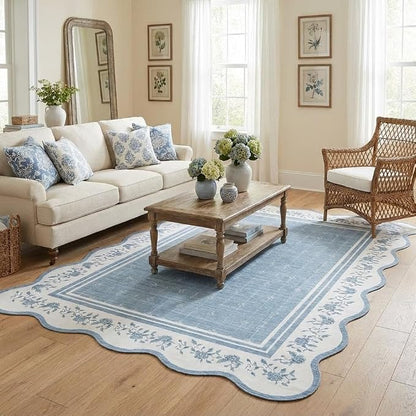 Garvee Washable Rugs for Living Room 8x10 Area Rugs Scalloped Rug Blue | Modern Bordered Non Slip Large Kids Bedroom Carpet Indoor Stain Resistant Floor Cover for Bedroom Dining Room Office Nursery