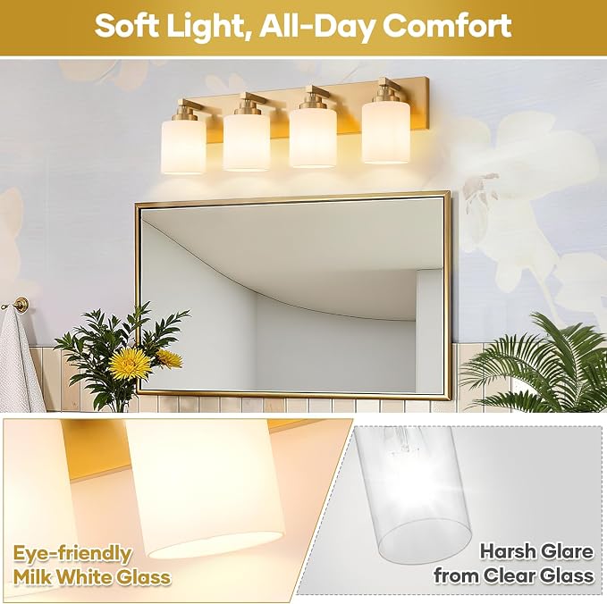 Vanity Lights for Bathroom, 4-Light Brushed Gold Bathroom Vanity Light Over Mirror with Milky White Glass Shades, Modern Bathroom Light Fixtures for Living Room Hallway Cabinet (Bulbs Not Included)
