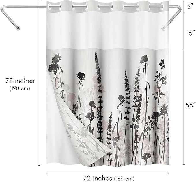Americanflat 72x75 Hookless Shower Curtain - Water-Resistant Floral Shower Curtain with Sheer Panel, Snap-in Liner, and Grommets - 100% Polyester - Botanical Bathroom Curtains - Black, Pink and White