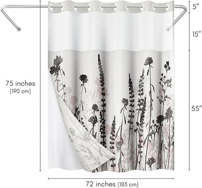 Americanflat 72x75 Hookless Shower Curtain - Water-Resistant Floral Shower Curtain with Sheer Panel, Snap-in Liner, and Grommets - 100% Polyester - Botanical Bathroom Curtains - Black, Pink and White