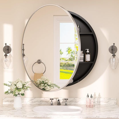 TETOTE Bathroom Mirror Cabinet 28 x 28 Brushed Nickel Round Bathroom Medicine Cabinet with Mirror Adjustable Shelves Farmhouse Wall Mirror with Storage Surface Mounted