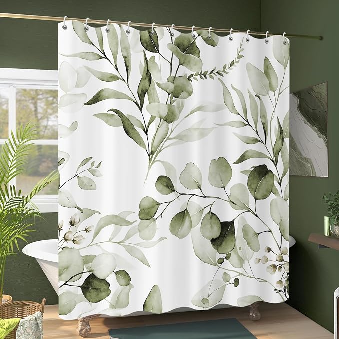 Olive Green Shower Curtain, Watercolor Eucalyptus Leaves Botanical Plants with Floral Bathroom Curtain Home Bathtub Decor Waterproof Fabric Machine Washable with 12 Hooks,72" Wx72 L