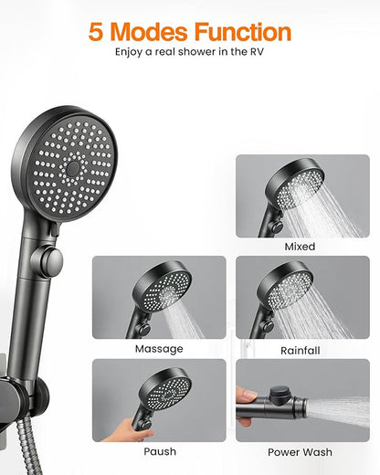 RV Shower Head with Hose, High Pressure Handheld RV Shower Head Replacement with On Off Switch,5 Modes,Power Jet, Camper Shower Head for RV,Travel Trailer,Motorhome,Boat RV Essentials,Gray