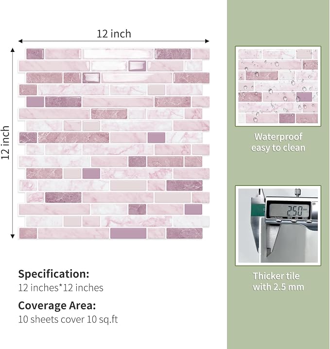 10 Sheets Thick Peel and Stick Kitchen Backsplash Tiles | 3D Waterproof Self Adhesive Wall Tile Stick on Backsplash for Kitchen,Bathroom and Fireplace(Pink,12"×12")