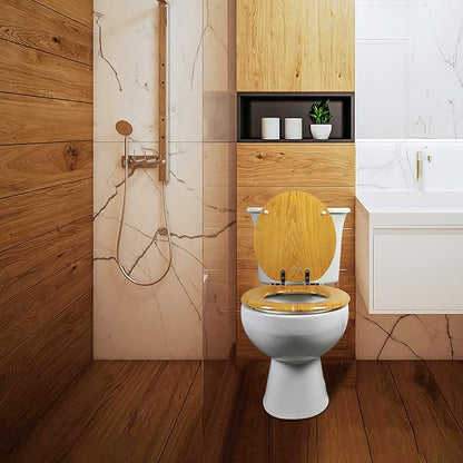 Angel Shield Durable Wood Veneer Natural Toilet Seat Metal Hinged Easy Clean Anti-scratch American Standard(Elongated,Oak)