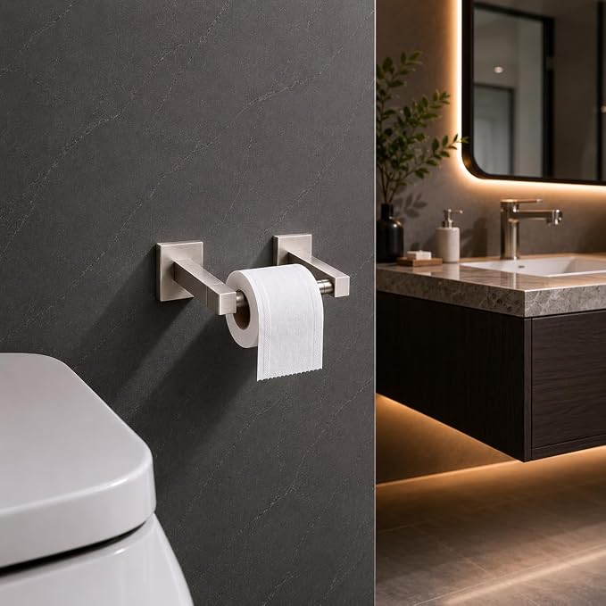 Toilet Paper Holder Wall Mount, Brushed Nickel Bathroom Toilet Paper Holder for SUS 304 Stainless Steel, Double Post Pivoting Square Toilet Paper Roll Holder for Bathroom RV Paper Towels for TP