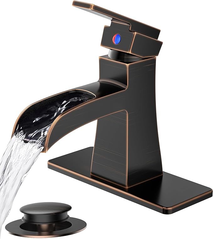 FORIOUS Waterfall Bathroom Sink Faucets 1 or 3 Holes Oil Rubbed Bronze, Single Handle Faucet for Bathroom Sink Vanity Restroom Farmhouse