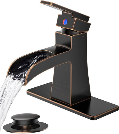 FORIOUS Waterfall Bathroom Sink Faucets 1 or 3 Holes Oil Rubbed Bronze, Single Handle Faucet for Bathroom Sink Vanity Restroom Farmhouse