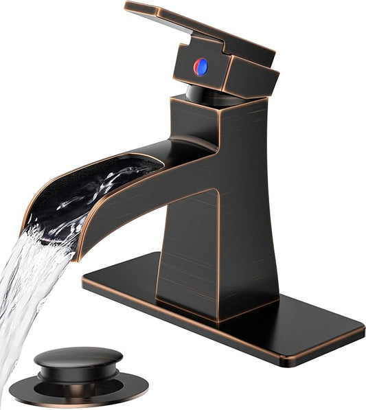 FORIOUS Waterfall Bathroom Sink Faucets 1 or 3 Holes Oil Rubbed Bronze, Single Handle Faucet for Bathroom Sink Vanity Restroom Farmhouse