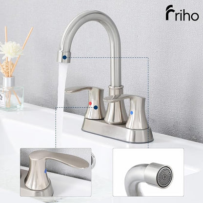 Friho 4 Inch Centerset Bathroom Faucet 2 Pack, 3 Hole Brushed Nickel Lead-Free 2-Handle RV Commercial Vanity Faucet with Drain Stopper & Supply Hoses