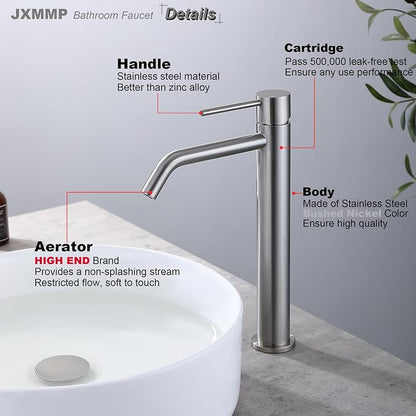 Vessel Sink Faucet Brushed Nickel, JXMMP Bathroom Sink Faucets Without Overflow Pop Up Drain and Water Faucet Supply Lines, Stainless Steel SpotShield Bathroom Faucet for Sink 1 Hole, JXM1001BN