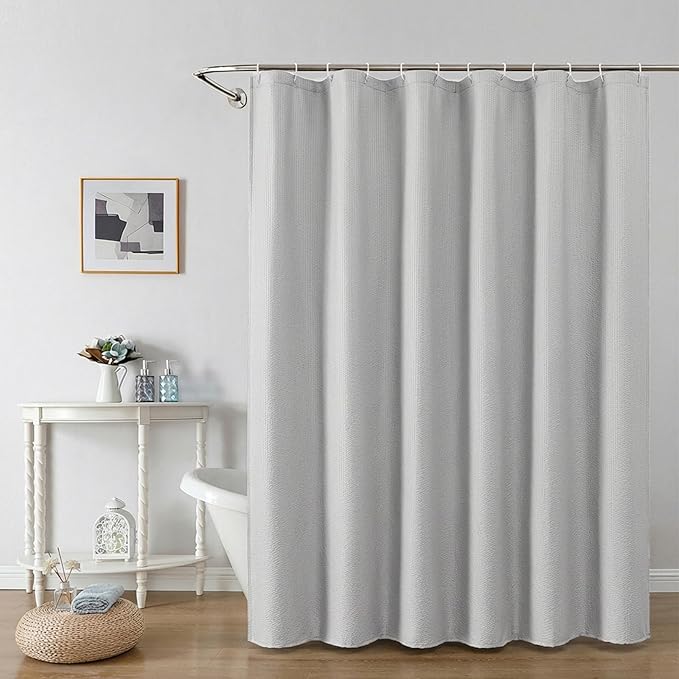 OWENIE Light Grey Shower Curtain for Bathroom 72x72 Inch, 3D Embossed Textured Waffle Fabric Shower Curtains, Soft Hotel Farmhouse Style, Water Repellent, Machine Washable, Light Grey, 72" W x 72" L