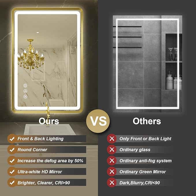 24''x36'' Gold Framed LED Bathroom Mirror with Lights, Built-in Bluetooth Speaker, Dimmable Lighted Bathroom Vanity Mirror with 3 Colors, Backlit + Frontlit, Memory Function, Anti-Fog