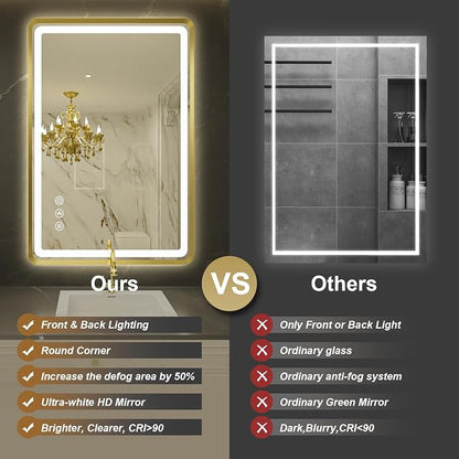 24''x36'' Gold Framed LED Bathroom Mirror with Lights, Built-in Bluetooth Speaker, Dimmable Lighted Bathroom Vanity Mirror with 3 Colors, Backlit + Frontlit, Memory Function, Anti-Fog