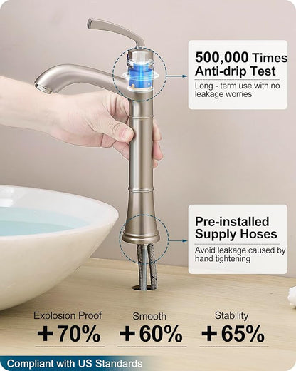 Brass Vessel Sink Faucet Brushed Nickel, Single Handle Tall Faucet for Bathroom Sink One Hole with Pop-Up Drain & Water Hoses, Save Water