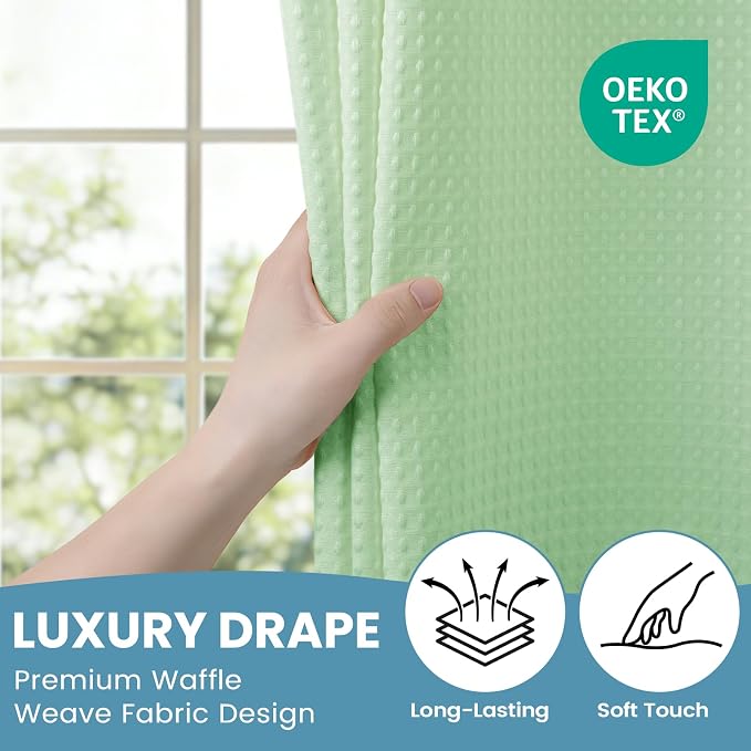 SORTTO No Hook Shower Curtain with Snap in Liner Set Waffle Shower Curtain for Bathroom Hotel Style Fabric Waterproof Inner Liner，71" W x 74" H, Green