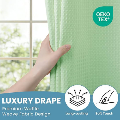 SORTTO No Hook Shower Curtain with Snap in Liner Set Waffle Shower Curtain for Bathroom Hotel Style Fabric Waterproof Inner Liner，71" W x 74" H, Green
