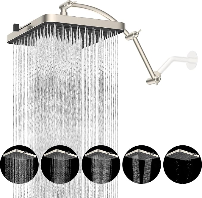 Hibbent Rain Shower Head, 13'' High Pressure Rainfall 5 Spray Mode Showerhead with 16" Shower Head Extension Arm, Brass Adjustable Shower Arm Extender, Waterfall fixed Showerheads, Brushed Nickel