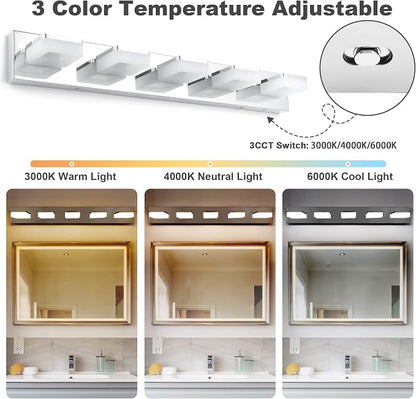 3 Colors Dimmable Bathroom Light Fixtures over Mirror LED Chrome Vanity Lighting Fixtures Acrylic Stainless Steel 5 Light Bathroom Vanity Light Fixtures, Adjustable 3000K/4000K/6000K, 360° Rotate