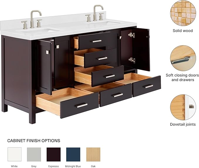 ARIEL Cambridge 66-inch Bathroom Vanity with Sink,Solid Wood, 1.5-inch Carrara White Quartz Countertop, Double Rectangular Porcelain Sink, 4 Soft Closing Doors, 6 Dovetail Drawers, Espresso