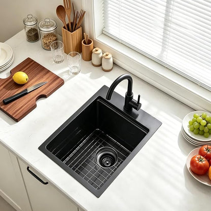 Black Bar Sink Drop In, 15x20 Inch Kitchen Sink Stainless Steel Small Topmount Workstation Sinks, Single Bowl Kitchen Sinks for Office Laundry Wet Bar Prep RV Outdoor Yard