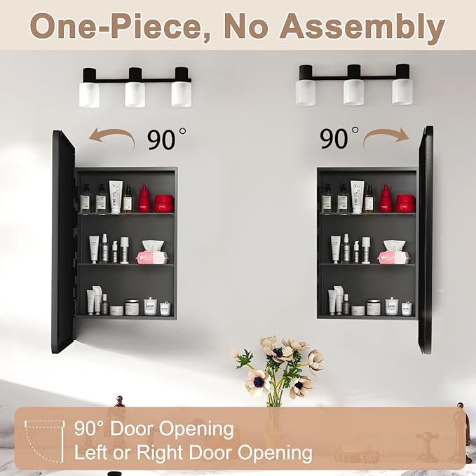 24x32 in Medicine Cabinet with Mirror for Bathroom, Matte Black | Fully Assembled; Recessed or Surface Wall Mount; Metal Cabinet with Tempered Glass Mirror and Two Adjustable Glass Shelves