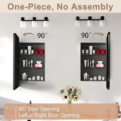 Medicine Cabinet with Mirror, 16x24 Fully Assembled Recessed or Wall-Mounted Bathroom Mirrored Cabinet with Adjustable Storage Shelves for Vanity, Metal, Black