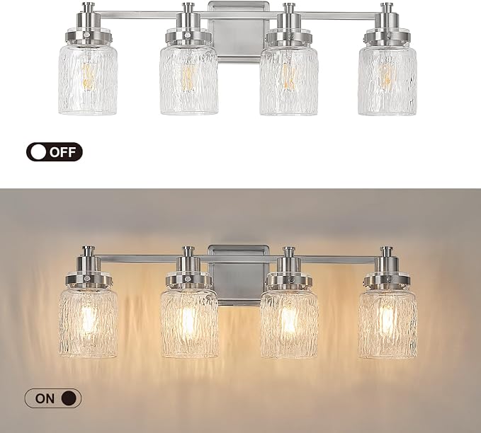 4 Light Bathroom Vanity Light Fixtures Modern Brushed Nickel | ETL Certificate, Easy to Install,Wall Mount Up or Down,Hammered Glass Lampshade,E26 Socket,Hardwired,120V