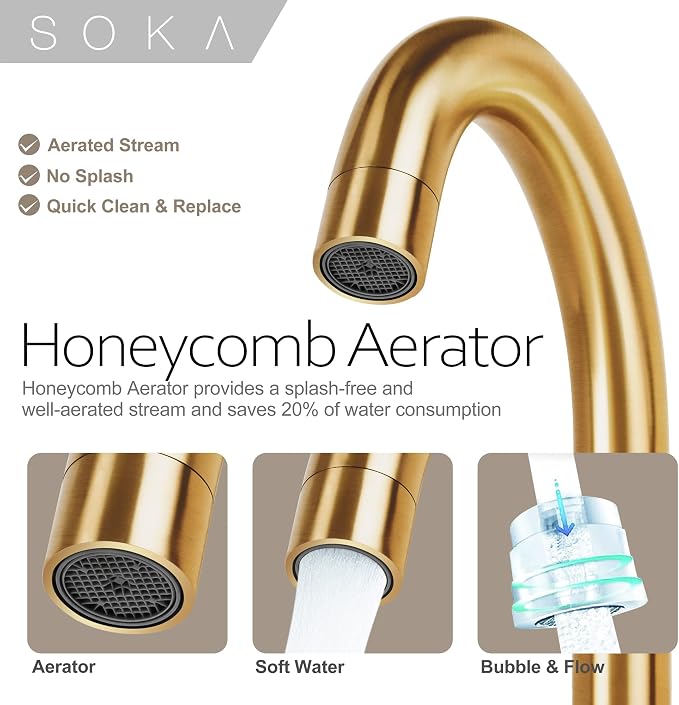 SOKA SK1B001AR Bathroom Sink faucets, 8 INCH Gooseneck - Lever, Gold + G