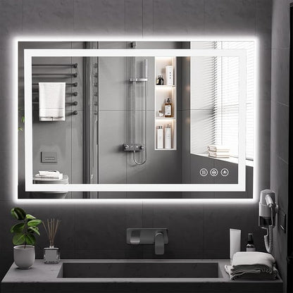 Koonmi 48x32 LED Bathroom Mirror with Light, Anti-Fog, 3 Colors | Backlit + Front Lit, Dimmable Brightness, Shatterproof HD Distortion-Free Tempered Glass, Hardware Included