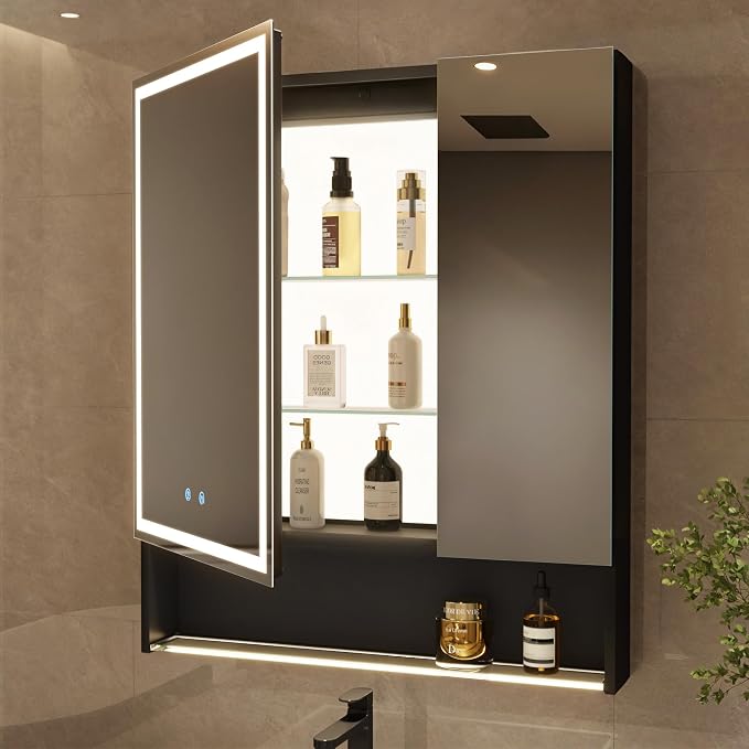 30"×34" LED Lighted Medicine Cabinet with Backlight, Adjustable Brightness 3 Color Temperature Lighting Anti-Fog Mirror 2 Socket & 2 USB Ports & Adjustable Shelf Wall Mounted