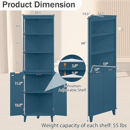 Giantex 68" Tall Corner Cabinet with Fluted Doors (Navy Blue) | Modern Bathroom Floor Storage Cabinet, 6-Tier Space Saver Display Shelves for Kitchen, Living Room, Hallway, Laundry
